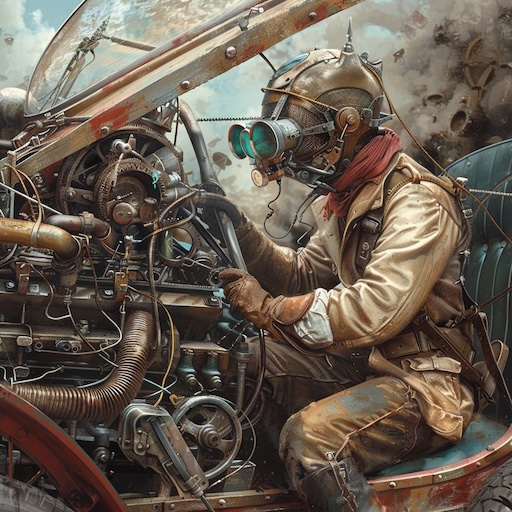 Steampunk gentleman working on his engine