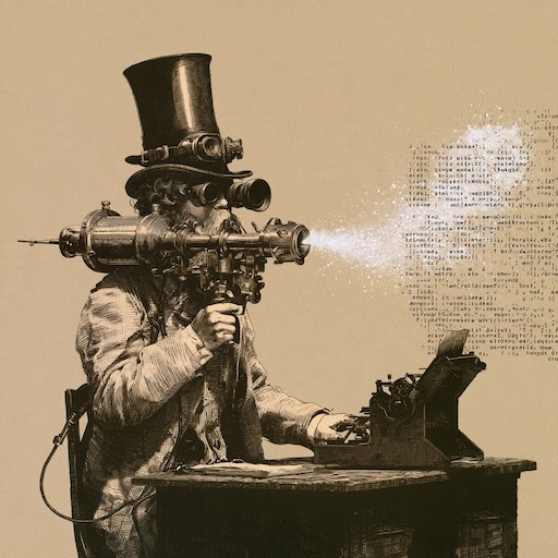 Steampunk gentleman uses a shrinkray on some code